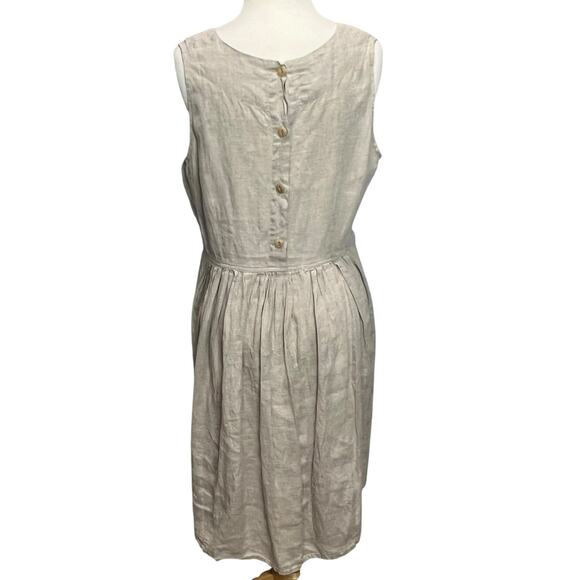 Flax Linen Dress Women S Beige Sleeveless Pockets Back Button Cottage-Tiny Flaws - Picture 5 of 14